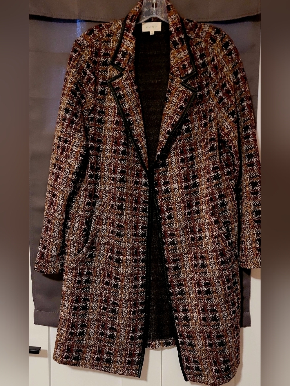 MellowDay Women's Long Tweed Style Jacket With Faux Leather Lining Sz XL - Picture 2 of 12